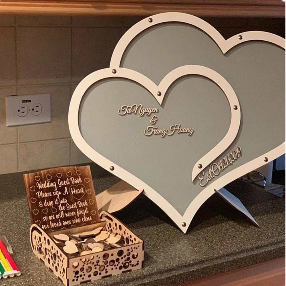 Double Heart Wooden Wedding Guest Book