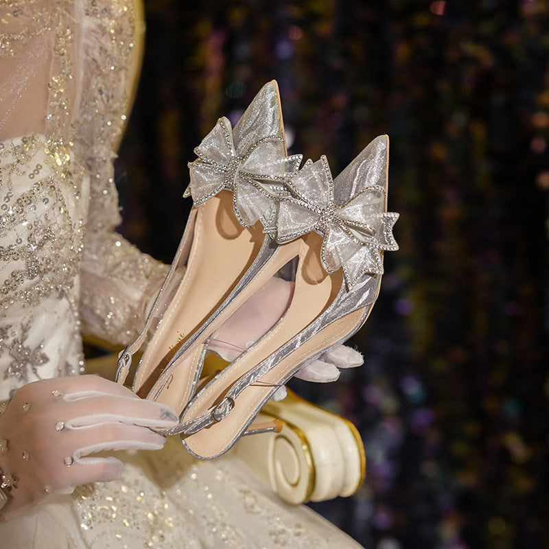 Luxe Rhinestone Bow Stiletto Shoes– Champagne & Silver Bridal Elegance