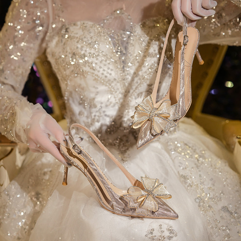 Luxe Rhinestone Bow Stiletto Shoes– Champagne & Silver Bridal Elegance