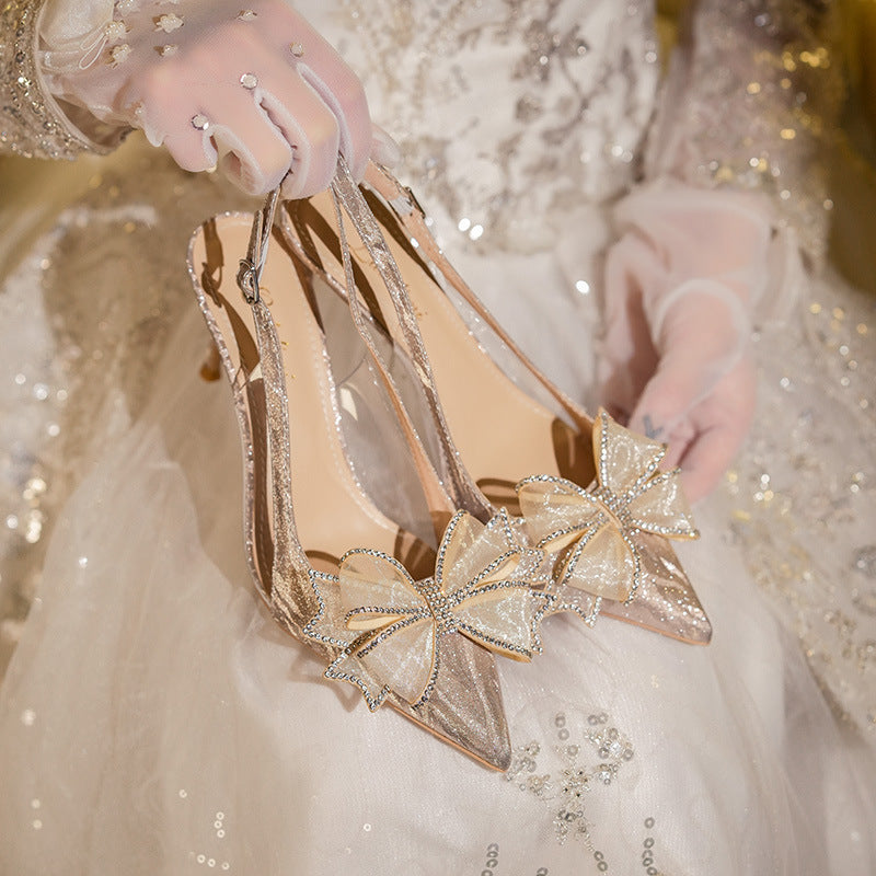 Luxe Rhinestone Bow Stiletto Shoes– Champagne & Silver Bridal Elegance
