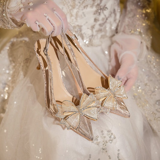 Luxe Rhinestone Bow Stiletto Shoes– Champagne & Silver Bridal Elegance